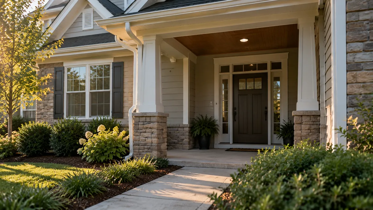 A covered front entry with a new gutter over the doorway and a downspout tucked beside the porch post, shot from the front walk