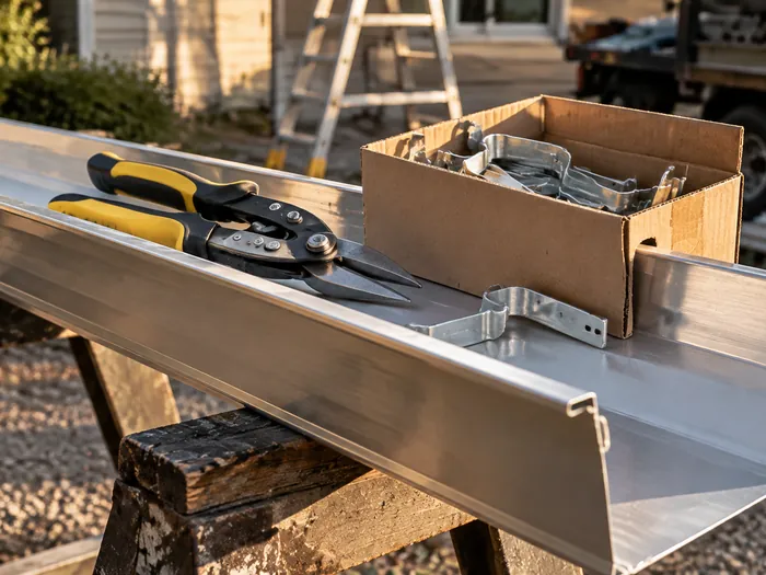 Close detail of tin snips and a box of hidden hangers resting on a freshly cut length of aluminum gutter