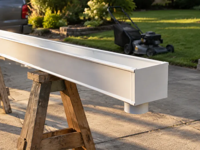 A new gutter run resting on sawhorses in a driveway with its end cap fitted and a downspout outlet cut into the bottom