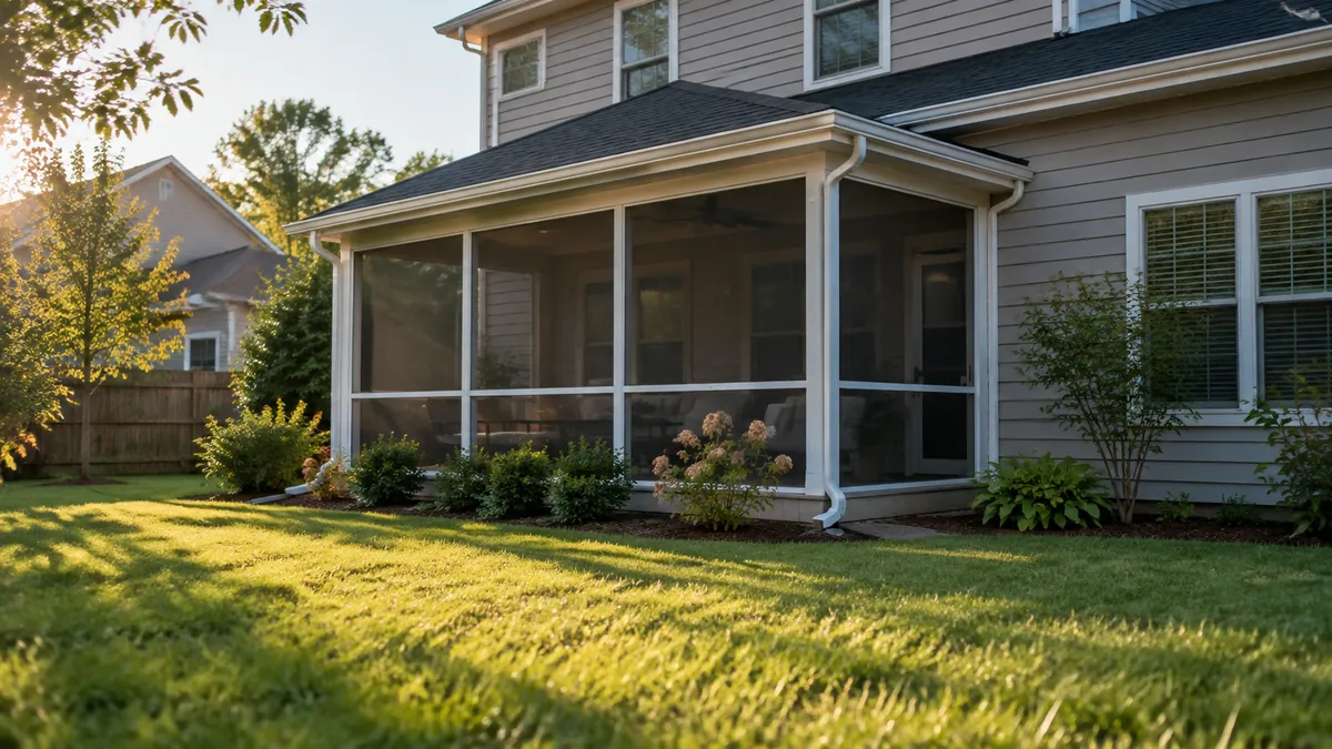 Wide view across a back yard of a house with a screened porch, new gutters on both roof levels and downspouts into drains