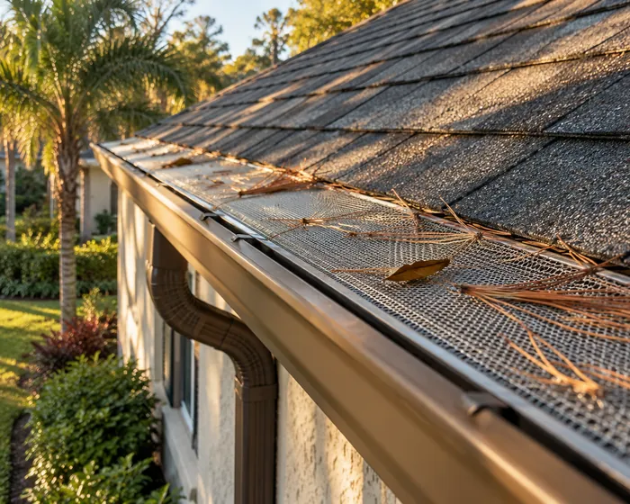 Aluminum mesh guards over a bronze gutter with pine needles resting on top
