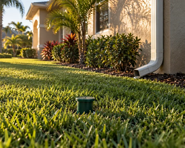A pop up emitter in a lawn at the end of a buried downspout drain