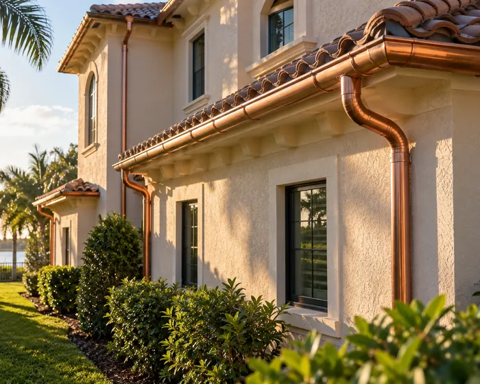 Copper half round gutters and round downspouts on a two story home with a tile roof
