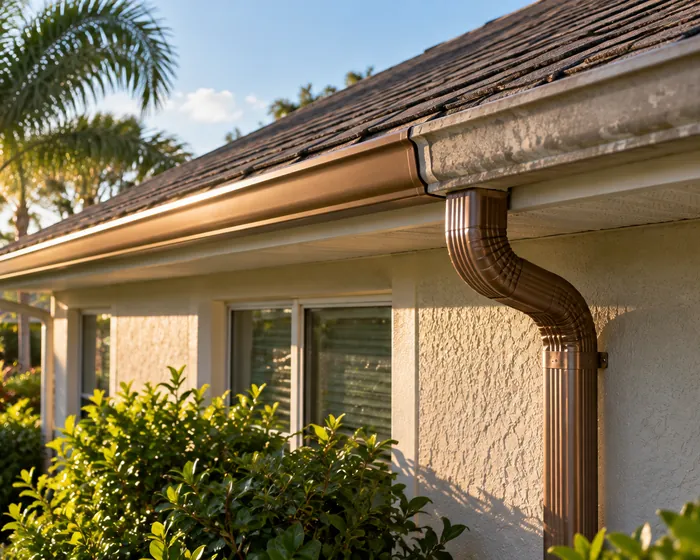 A new length of bronze gutter joined to an older faded run