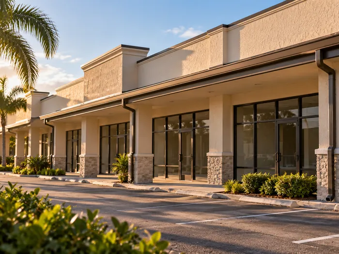 A dark bronze box gutter and rectangular downspouts on a single story retail building