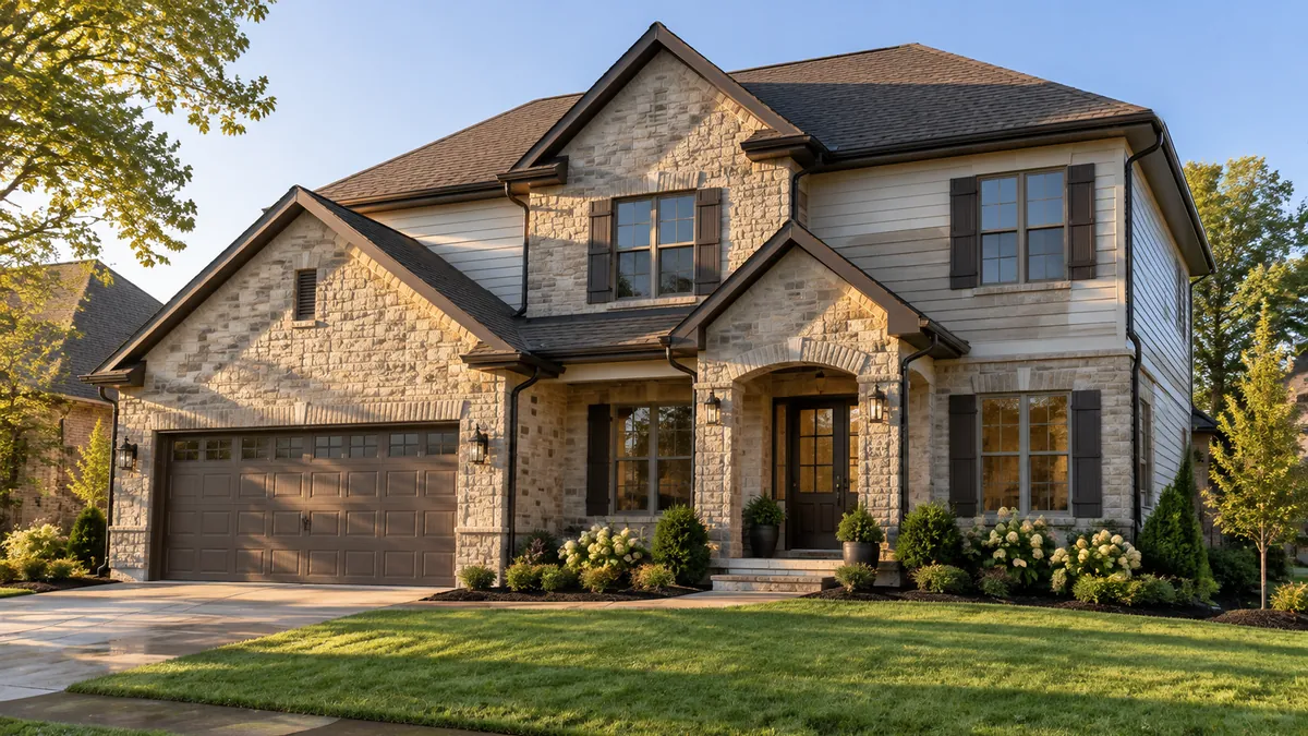 The whole front of a two story house in daylight with new dark bronze gutters along every roof edge and downspouts running down to the ground